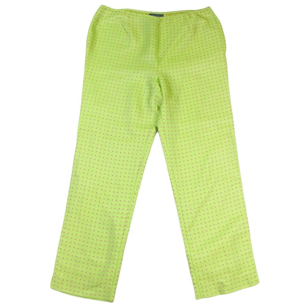 J MCLAUGHLIN Size 12 Green Pink Polka Dot Silk Side Zip Straight Leg Pants